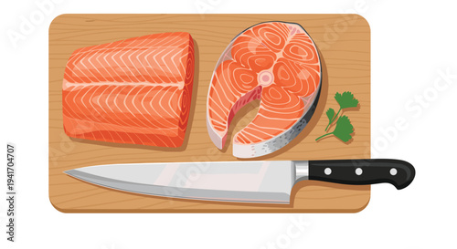Fresh raw salmon fillet and a sliced steak arranged on a wooden cutting board with a large kitchen knife and green herbs.