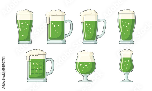 Green beer glasses, frothy pints, festive drinks, St. Patrick's Day celebration