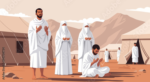 Islamic pilgrimage in Mecca, people in Ihram clothing praying in tents and open areas during Hajj