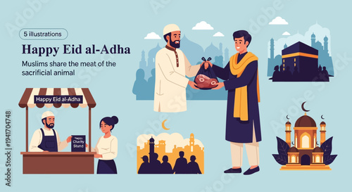 Illustration of Muslims sharing sacrificial meat during Eid al-Adha ceremony in a festive environment