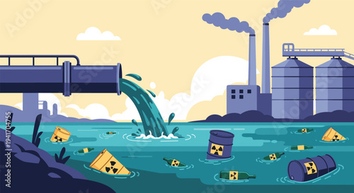 Environmental pollution scene with a large industrial pipe dumping toxic waste into a body of water near a smoking factory.