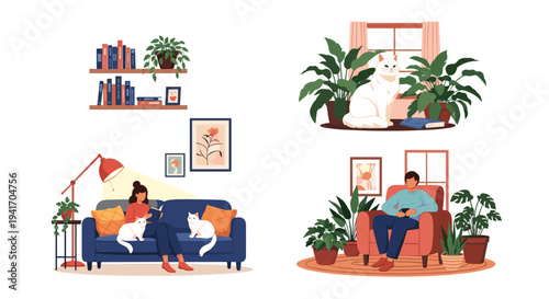 Selection of scenes depicting people enjoying life at home with their cats, reading books, and surrounded by indoor house plants.