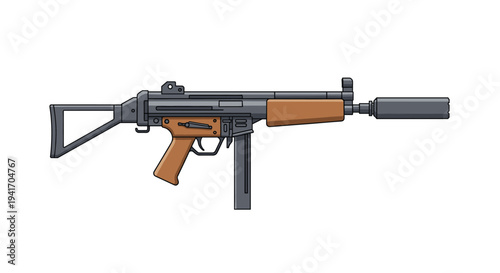 Detailed image of a tactical submachine gun with a wood-grain grip and a silencer attachment shown from a side profile view.