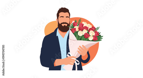 Portrait of a handsome bearded man in a dark jacket holding a large bouquet of red and white roses on a warm background.