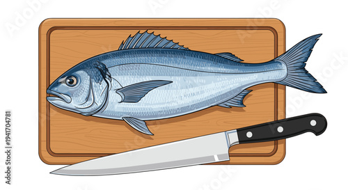 Single raw fish laid out on a rectangular wooden cutting board next to a sharp steel chef knife for culinary preparation.