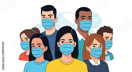 Group of diverse people wearing surgical masks for protection against viruses and air pollution in a flat illustration.