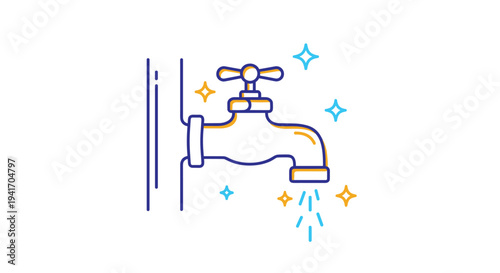 Metal water tap dripping with blue droplets and sparkling clean icons on a white background in a simple line art style.