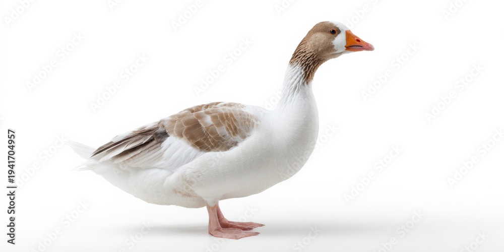 Fototapeta premium Side view of a domestic goose with brown and white plumage on white background