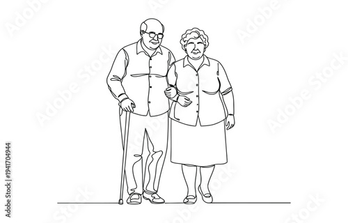 Elderly overweight man and woman with stick. Continuous one line drawing.