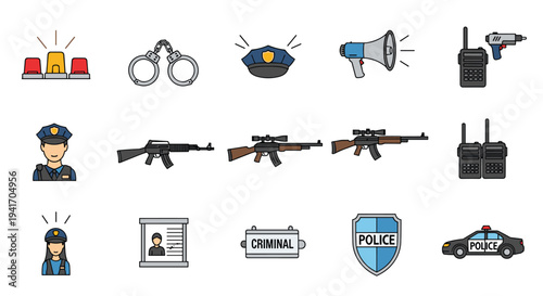 Set of police and law enforcement icons featuring officers, weapons, vehicles, handcuffs, and communication devices.