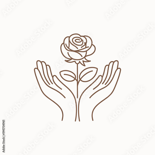 Hands holding a rose flower line outline plant