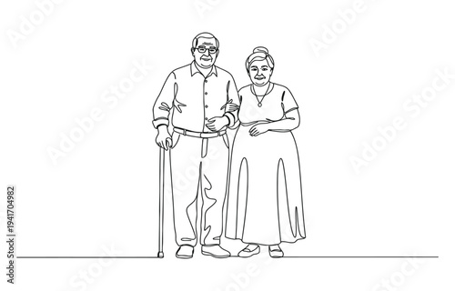 Elderly overweight man and woman with stick. Continuous one line drawing.