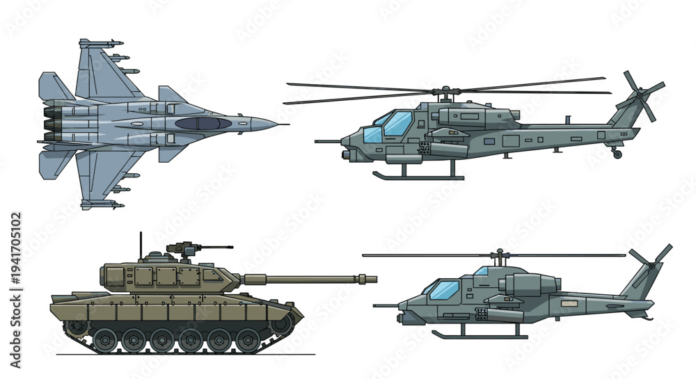 Obraz premium Detailed pixel art illustrations of various military vehicles including a jet fighter, a tank, and attack helicopters.