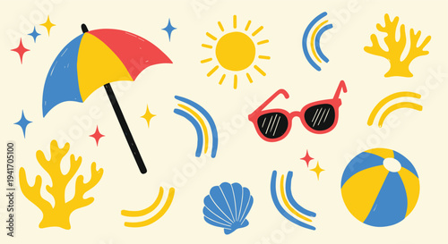 Summer beach elements collection on light background playful flat cartoon illustration for seasonal promotions travel advertisements