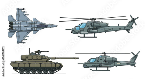 Detailed pixel art illustrations of various military vehicles including a jet fighter, a tank, and attack helicopters.