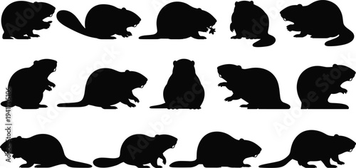 Large collection of beaver silhouette vector illustrations in various poses isolated on white background for wildlife nature design projects.