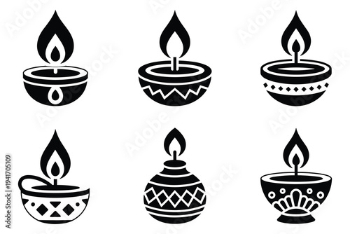 Six black and white diya lamp with flames