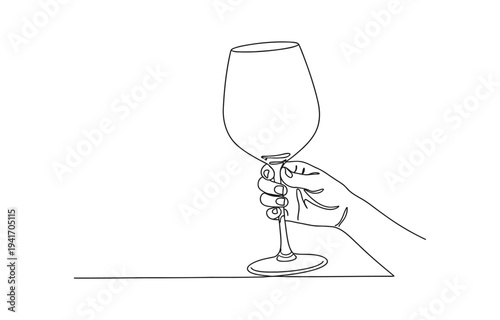 One line drawing of a hand holding a wine glass for celebration.