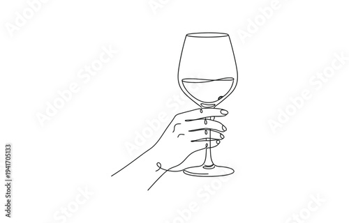 One line drawing of a hand holding a wine glass for celebration.