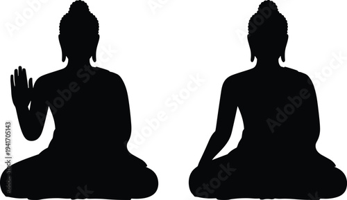 Two black silhouette buddha statues in meditation pose