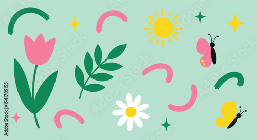 Spring nature elements pattern with flowers sun butterflies and abstract shapes in a playful doodle style for banners and textiles