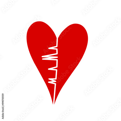 The red heart icon with a white heartbeat line. Cracked red love.  Vector illustration of a red heart with a heartbeat 
