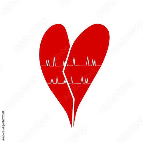 The red heart icon with a white heartbeat line. Cracked red love.  Vector illustration of a red heart with a heartbeat 