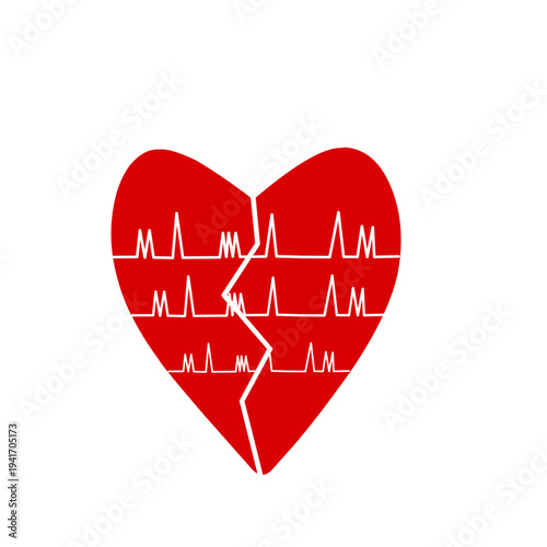 The red heart icon with a white heartbeat line. Cracked red love.  Vector illustration of a red heart with a heartbeat 