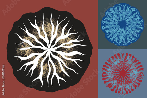 Elegant Japanese-inspired set featuring three hand-drawn organic mandalas. Intricate white, blue, and red brushwork on textured fields creates a bold, artisan, and meditative aesthetic.