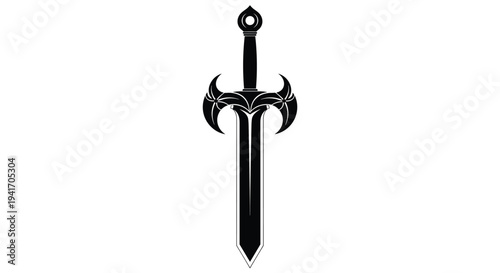 Black silhouette of a medieval sword with a decorative hilt and a sharp double-edged blade on white background.