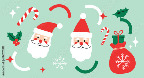 Santa Claus faces and festive Christmas elements on a light green background flat design for holiday greeting cards and banners