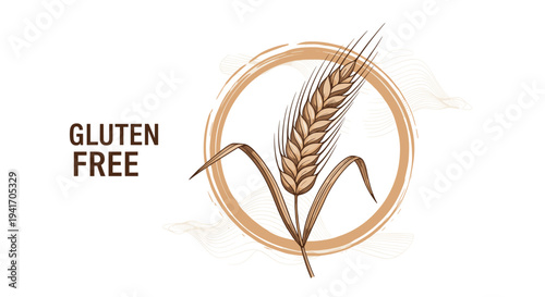 Hand-drawn wheat ear illustration with Gluten Free text in a circular frame for food labeling and packaging.