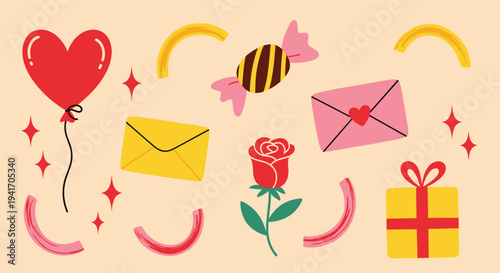 Love and celebration elements arranged on a light background in a flat graphic illustration for greeting cards and holiday promotions