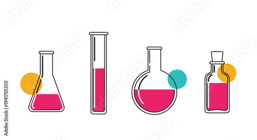 Four different laboratory glassware items filled with pink liquid used for chemistry and biology experiments in a lab.