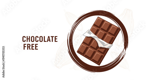 Chocolate bar illustration with Chocolate Free text in a circular frame used for food labels and allergy awareness.