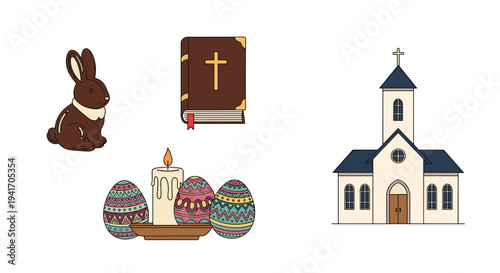 Christian Easter symbols including a cross on a church building, Bible, chocolate bunny, candle, and decorated eggs.