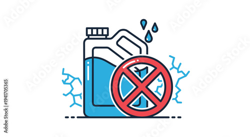 Warning sign showing a fuel canister with a red cross and chemical cracks on a clean white background for industrial safety.