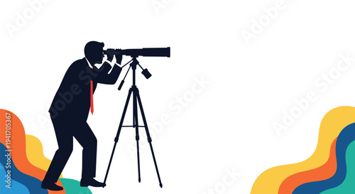 Silhouette of a businessman looking through a telescope on a tripod with colorful wave shapes in the corner.