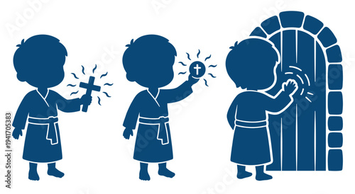 Three blue silhouettes of children holding crosses and knocking on door