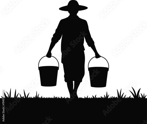 Farmer Carrying Two Buckets Across The Field