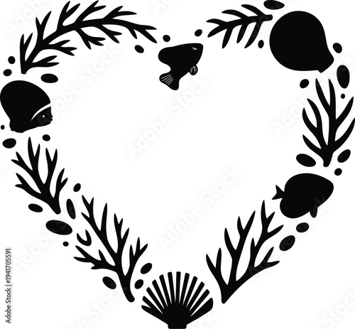 Ocean Life Elements Arranged In Heart Shape