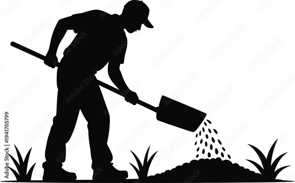 Obraz premium Man Spreading Soil With Shovel Silhouette