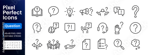 Help, ask question line icon set. FAQ, support, secret info, problem solution, brain, idea, message minimal vector illustrations. Simple outline signs for answer. 48x48 Pixel Perfect. Editable Stroke.