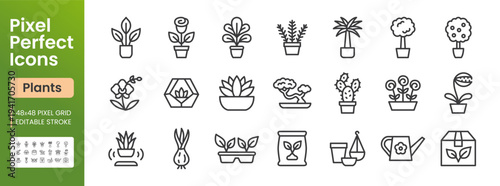 Houseplants, indoor gardening line icon set. Potted flowers, cactus, succulent, bonsai, watering can minimal vector illustrations. Simple outline signs for plant. 48x48 Pixel Perfect. Editable Stroke.