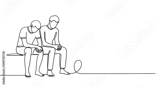 Two men sitting on a bench depicted with a single continuous line