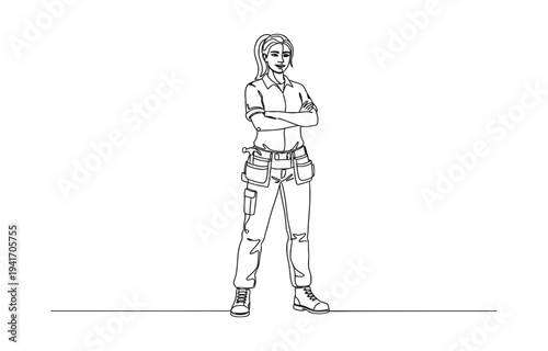 Continuous one line drawing of young handy woman pose cross arms on chest before going to work.