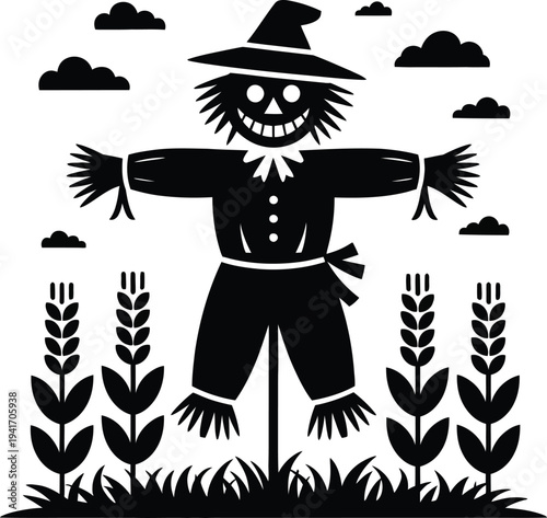 Scarecrow Standing In Autumn Wheat Field Silhouette