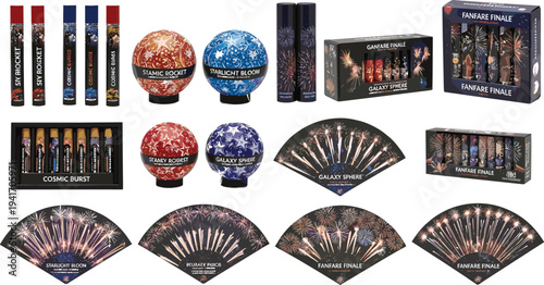 Fireworks product collection with rockets spheres boxed sets, colorful packaging illustration, festive celebration design concept, pyrotechnic display representation, holiday event symbol