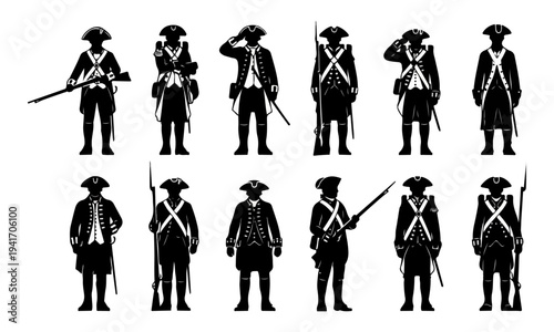 Silhouettes of 18th Century Soldiers in Revolutionary War Uniforms