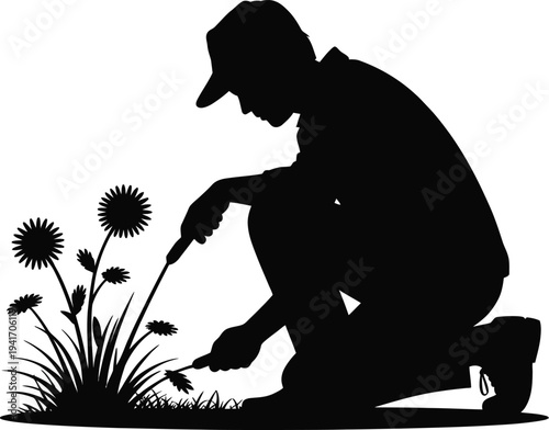 Gardener Tending Plants Silhouette